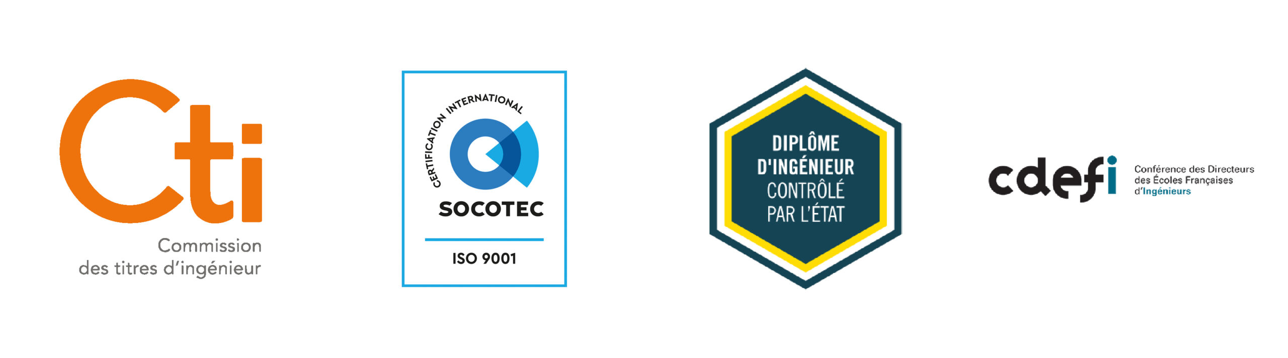 Logo qualités ESIROI : CTI, Diplôme d'ingénieur contrôlé par l’État, CDEFI, ISO 9001 Socotec